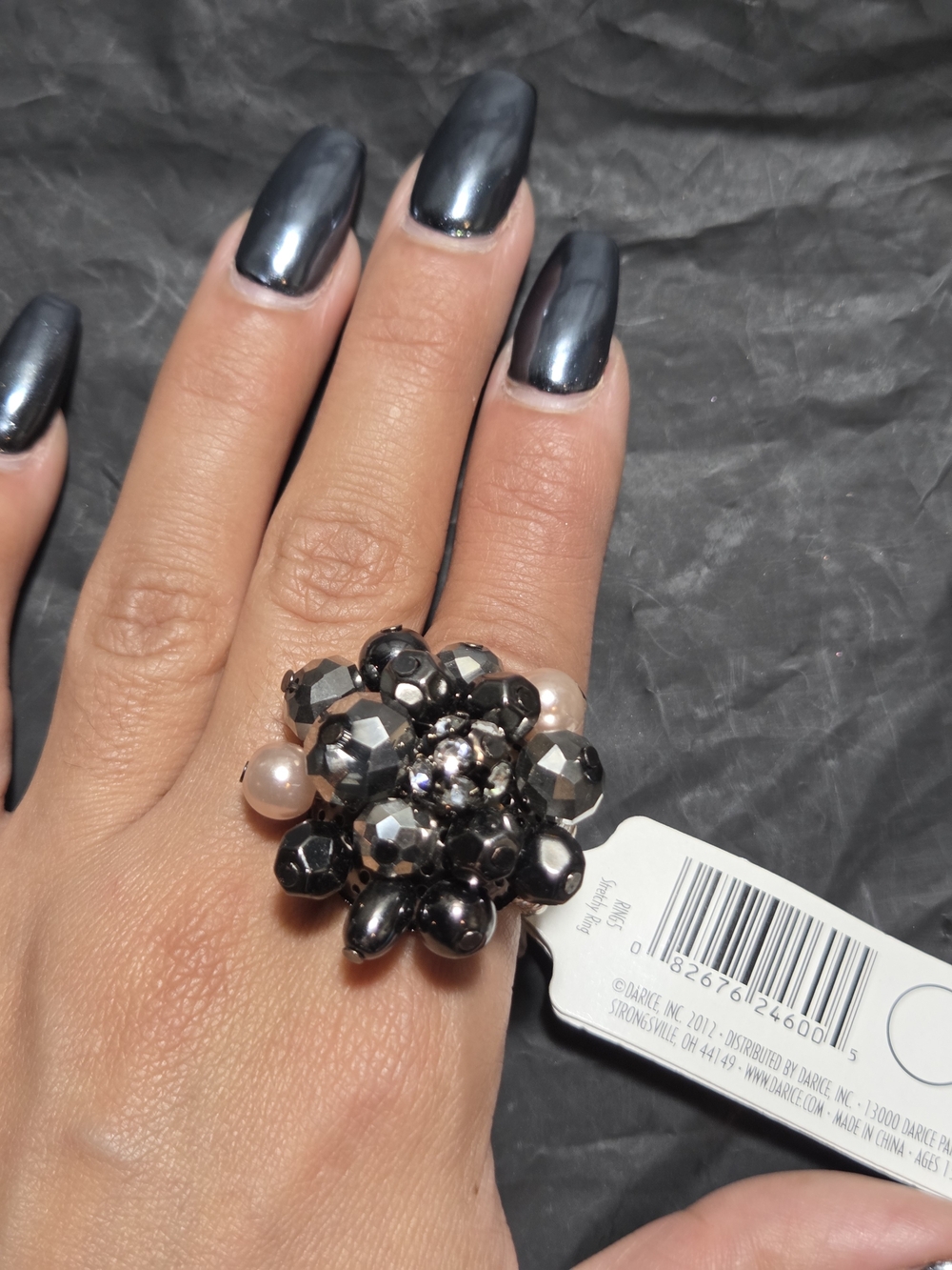 NWT Vintage Darice Hematite Cluster Statement Cocktail Stretch Ring 2012